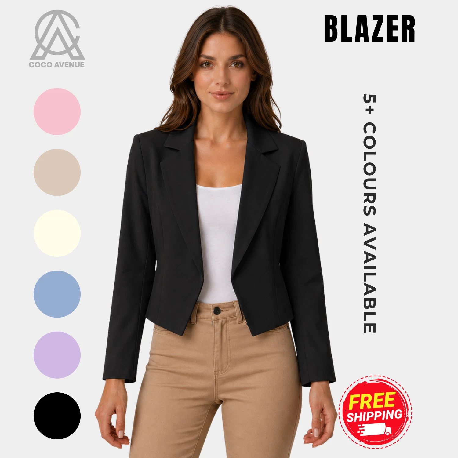 Ladies Cropped Blazer Fully Lined Long Sleeve Open Front Plain Collared Jacket