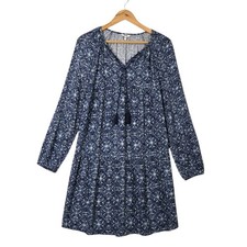 Sonoma Babydoll Peasant Shift Dress sz S Blue Long Sleeve Tassel Ties Boho