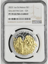 2023 St. Helena Una and The Lion 1oz Silver Gilded Coin NGC PF 70 UCAM