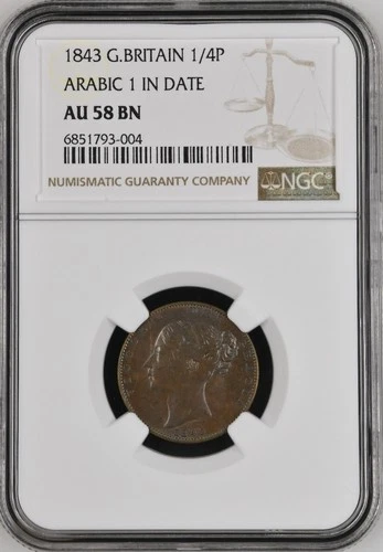 GREAT BRITAIN Copper Coin 1 Farthing - ¼ Penny 1843 Arabic 1 in date NGC AU58 BN