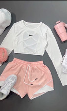 Women Gym Workout Set Crop Top Shorts Yoga Fitness Sportswear Pink White