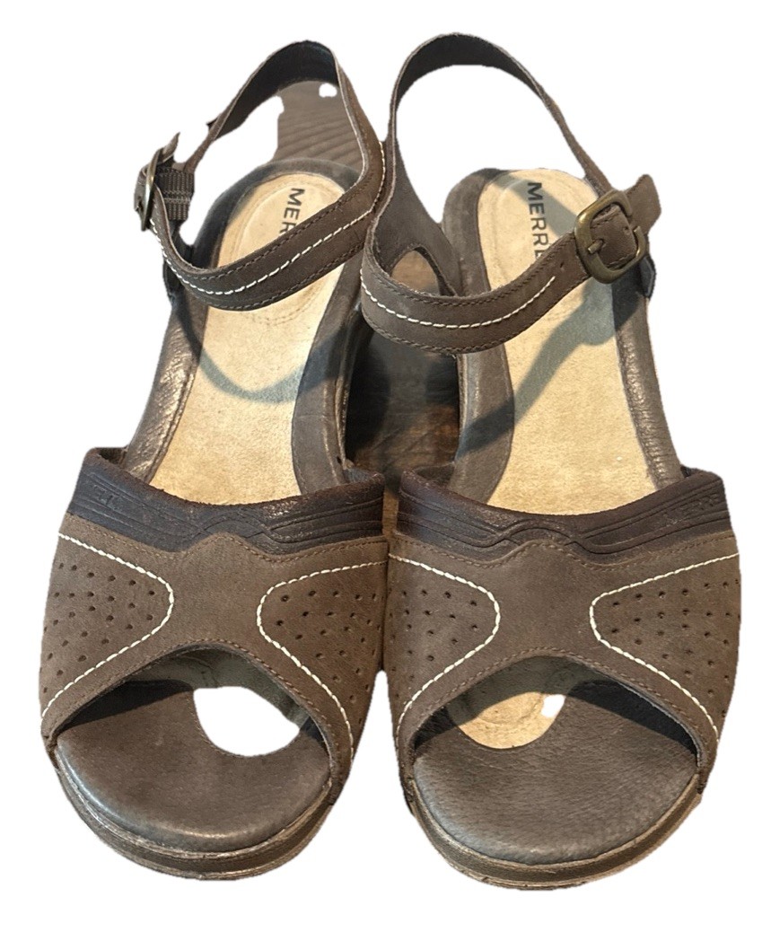 MERRELL Luxe Strap sandali caffè caviglie cinturino tacco donna misura 7 pelle marrone