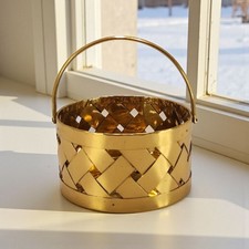 VTG Small Woven Brass Gold Round Trinket Basket with Handle 3.75"
