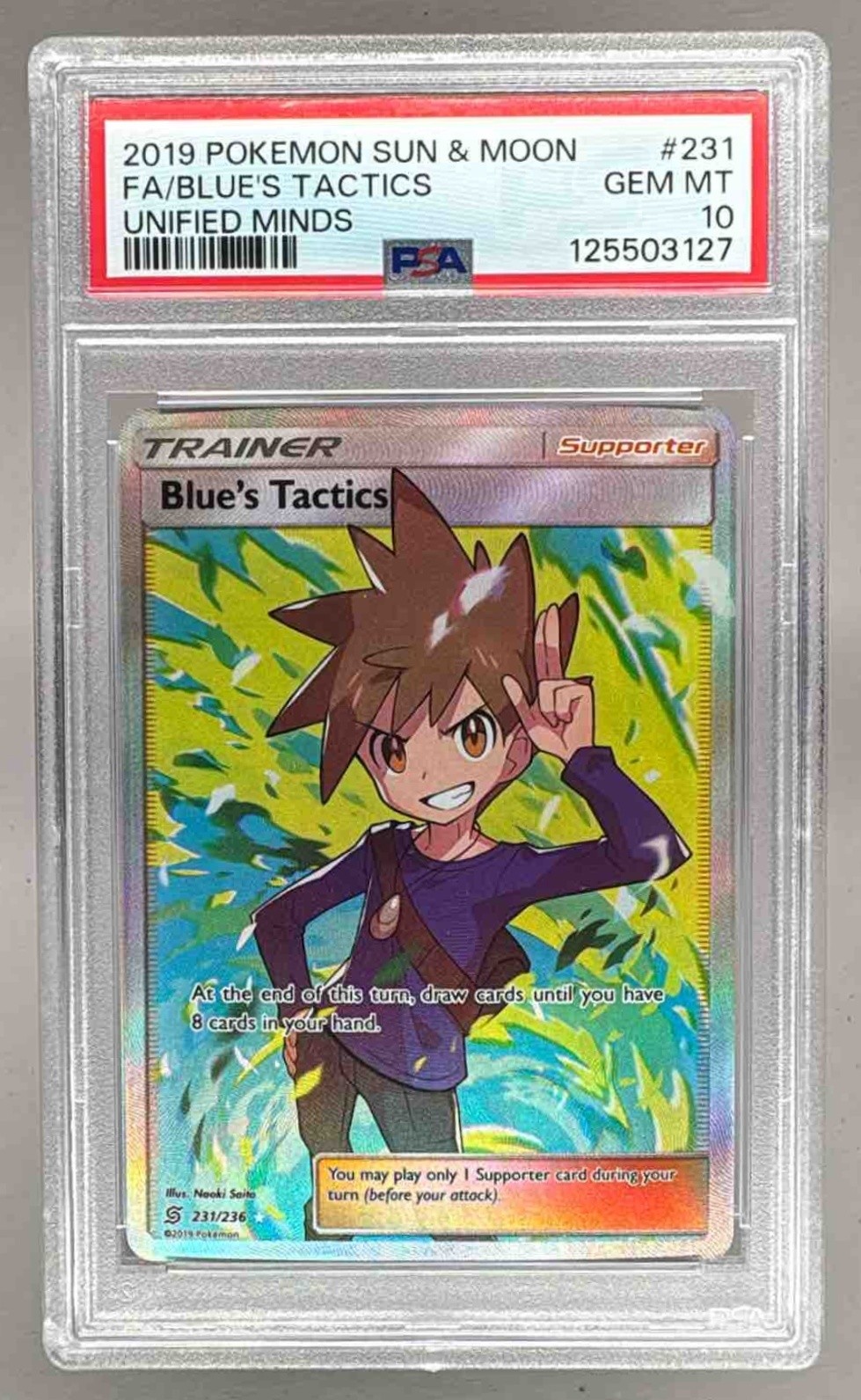2019 Pokemon Sun Moon Unified Minds 231 Blue's Tactics PSA 10 125503127 DAMAGED