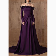 Purple Long Slevees Evening Dress A-line Floor Length Prom Gown Formal Dresses