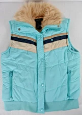 Eivissa Retro Puffer Vest Faux Fur Collar Blue Tan Snowflake Ski Style Womens L