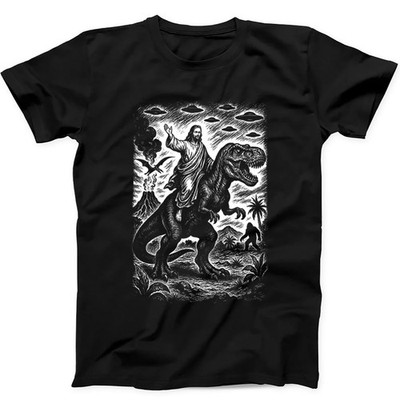 T-Shirt Jesus reitet Dinosaurier UFO Bigfoot Vulkan seltsam lustig schwarz Geschenk 440