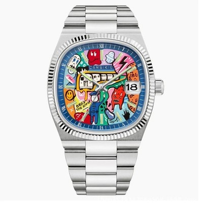 CILOA Graffiti Art Dial Watch Men Japanese Quartz Stainless Steel Jubilee Bezel
