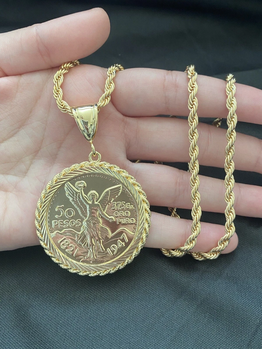 Gold PLATED 50 Pesos Moneda Mexican Coin Rope CENTENARIO Pendant