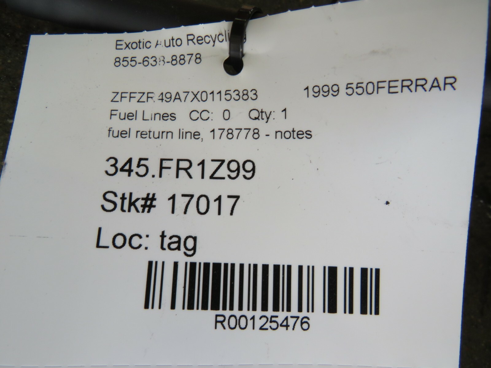 Ferrari 550, Fuel Return Line, Used, Broken Disconnect Tabs, P/N 178778 
