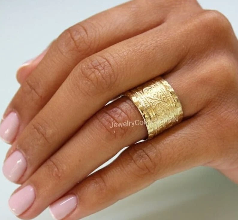 Wide Band Ring Thick Band Ring Solid Brass Band Ring Floral Design Ring B241 - Image 3 of 4
