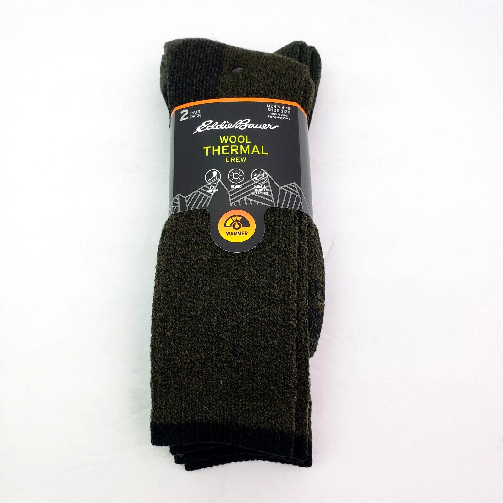 Eddie Bauer Wool Thermal Mens Size 6-12 Green Warm Crew Socks 2 Pack