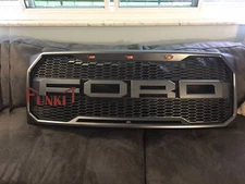 Grill For Ford F150 2009-2014 Raptor Style Hood Grille w/Letter &LED Matte Black