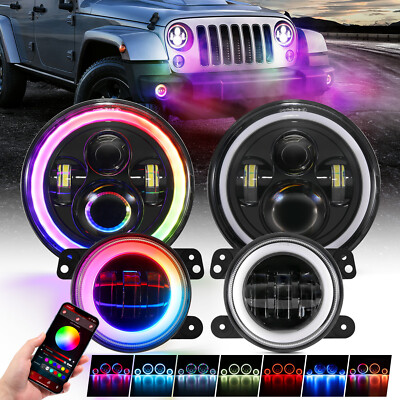 AUXBEAM 7'' Dream Chasing RGB LED Headlights &Fog Lights Kit For Jeep Wrangler JK