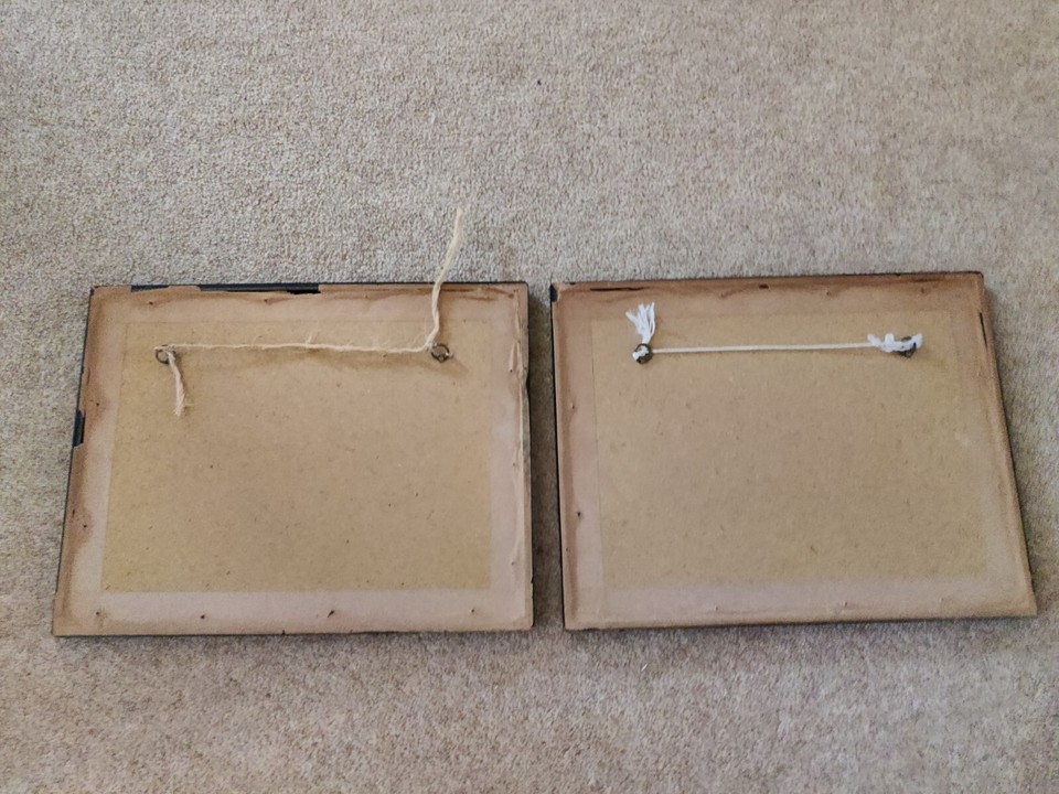 Antique Pair of Straw Folk Art Wall Art Oriental Style Black Frames