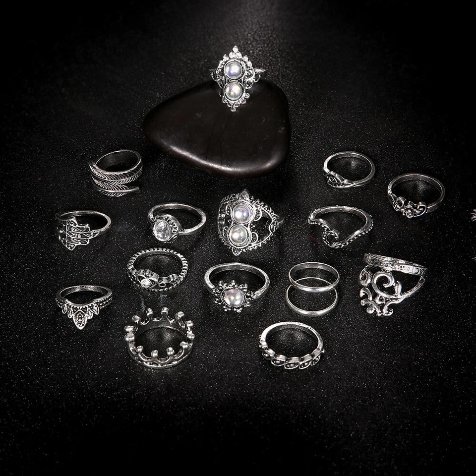 16PC Set Retro Silver Finger Open Ring Bohemia Crown Leaf Fatima Gift 2078 - Image 2 of 2