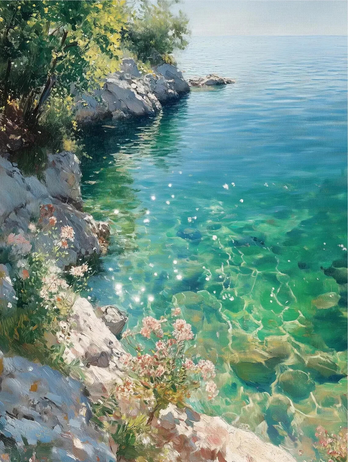 Flowers & Sea Rocks Impressionism Unframed Canvas Print Australian Wall Art