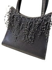 Vintage Black Satin Evening Bag Cascading Beaded Pearl Detail Double Handle Form