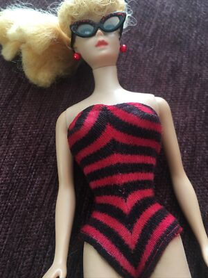 Vintage Barbie Black red Bathing Suit Swim Zebra Stripe Sunglasses