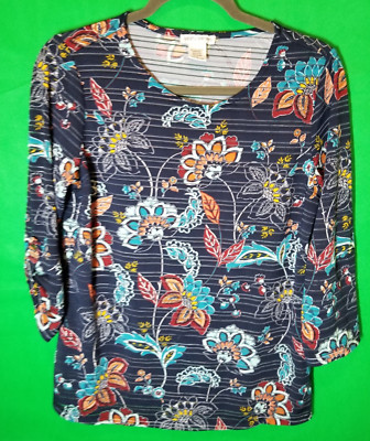 Cathy Daniels Womens Size Small Navy Floral Blouse 3/4 Roll Tab Sleeve Spring