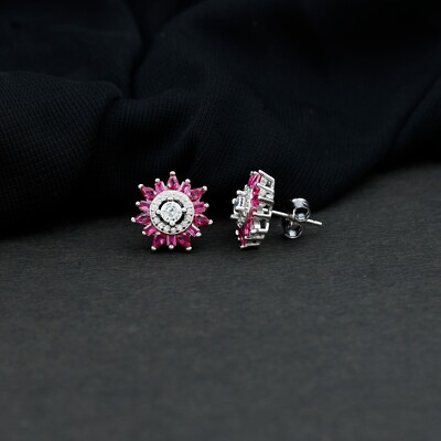 Pear Cut Simulated Pink Ruby Gorgeous Flower Stud Earring 14k White Gold Plated
