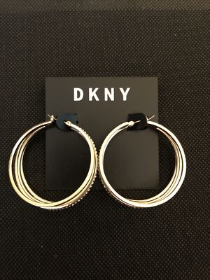 DKNY Gold Tone Triple Row Hoop Earrings Pave Crystal Accents