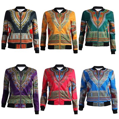 WOMEN’S CASUAL AFRICAN PRINT ZIPPER DASHIKI BOMBER JACKET COAT WITH POCKETS 