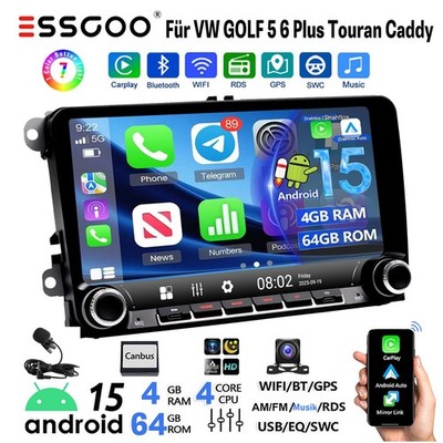 4+64G Android DAB+ Autoradio Carplay GPS für VW GOLF 5 6 Plus Polo Passat Touran