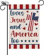4Th of July Garden Flag Loves Jesus and America Too Religious Cross Christian Do
