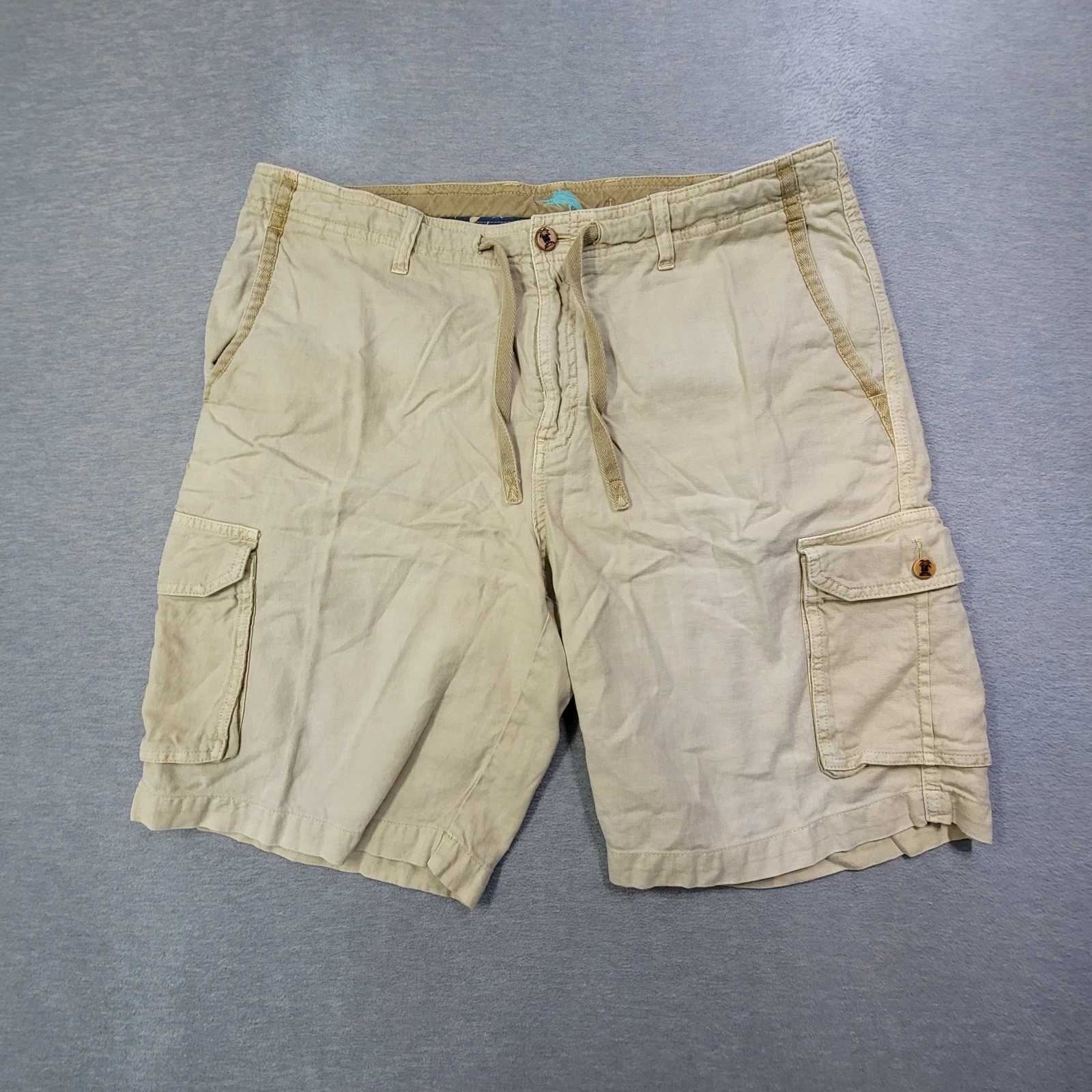 Tommy Bahama Shorts Mens 36 Beige Cargo Linen Drawstring Hiking Outdoor Logo