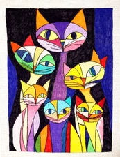 Needlepoint Canvas Picaso like Cat Family Hand Painted 13 mesh Was $180