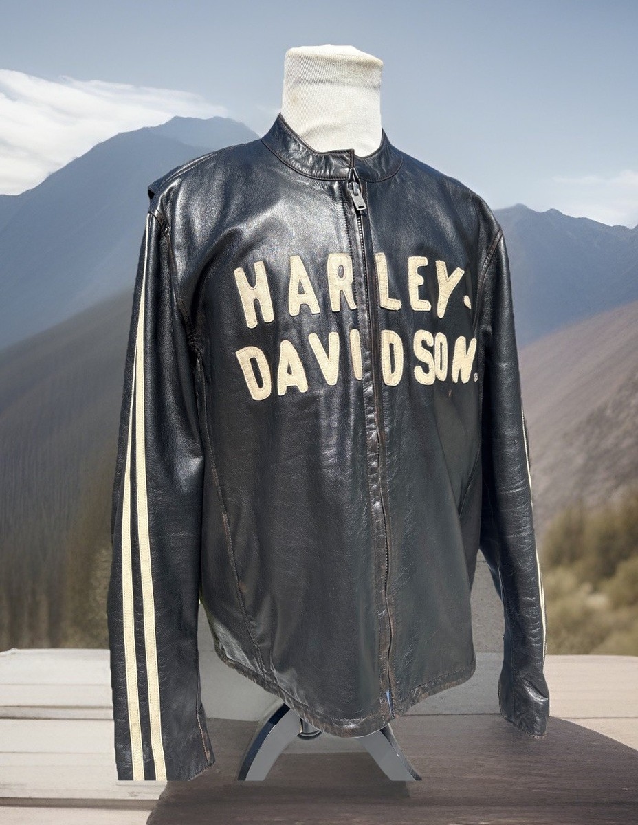 Harley Davidson Men Retro Sleeve Stripe Leather Jacket 2XL 97009