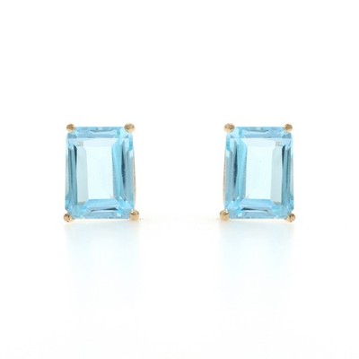 Gelbgold Blautopas Ohrstecker - 14k Smaragdschliff 4,80ctw durchbohrt