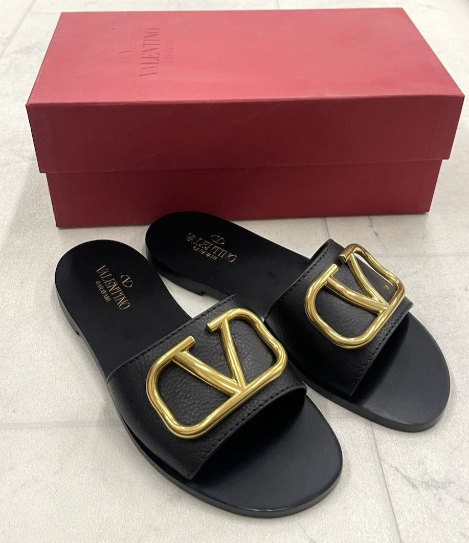 NIB Valentino Garavani V Logo Cut Out Leather Slide Sandal Size