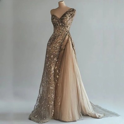 Champagne One Shoulder Sequin Beaded Evening Prom Dresses With Train