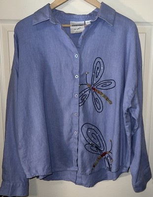 Michael Simon Dragonfly Periwinkle Linen Blouse Tie Back Beaded Embroidered  L