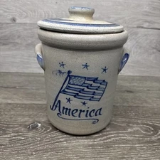 2003 Rowe Pottery Works Salt Glaze 7-3/4” Crock with American Flag