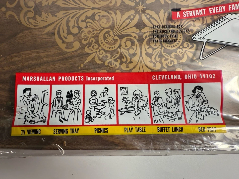 Vtg New Retro TV Tray Folding Legs Lap Tray Brown Gold Flour De Lis 1970s MCM - Image 2 of 4