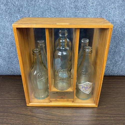 Vintage Coca Cola Set Of 3 1902-2002 Reproduction Bottles With Wooden Display