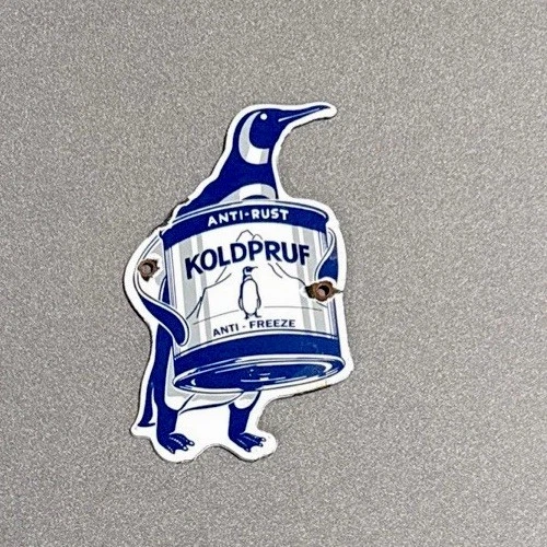 VINTAGE KOLDPRUF PENQUIN PORCELAIN SIGN CAR GAS TRUCK OIL MOTORCYCLE