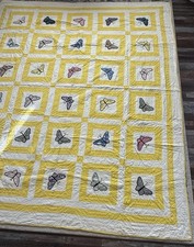 Vintage 90x107 Inch Butterfly Quilt Hand Quilted Hand Embroidered Butterflies