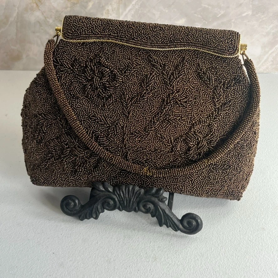 Bolso de Noche Vintage Marrón Bolso con Cuentas Forrado Hong Kong Cierre Festoneado Foto 2 de 4