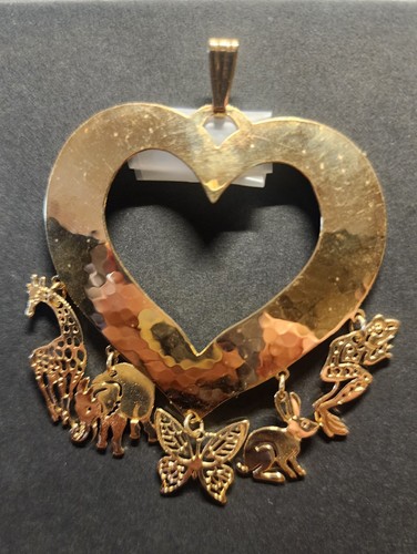 Vintage Wild Bryde Hand Hammered 14k Gold Plate Heart Necklace Animals Pendant
