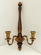 Syroco Wood 2 Arm Wall Sconce Candle Holder Floral Design Gold Tone MCM USA  C1