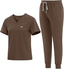 Medical Scrubs Set for Women V-Neck Top Jogger Pants Stretch Scrub Suit Brown