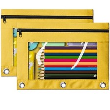 Pencil Pouch for 3 Ring Binder, 2 Pack Yellow 3-Holes Zipper Yellow - 2p