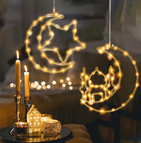 Ramadan Decorations Moon Star Window Lights 2 Pack Eid Mubarak Decor With Remote - Picture 2 of 8