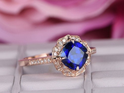 1.95ct Cushion Cut Natural Sapphire Diamond & Wedding ring 14K Rose Gold size 7 - Picture 5 of 8