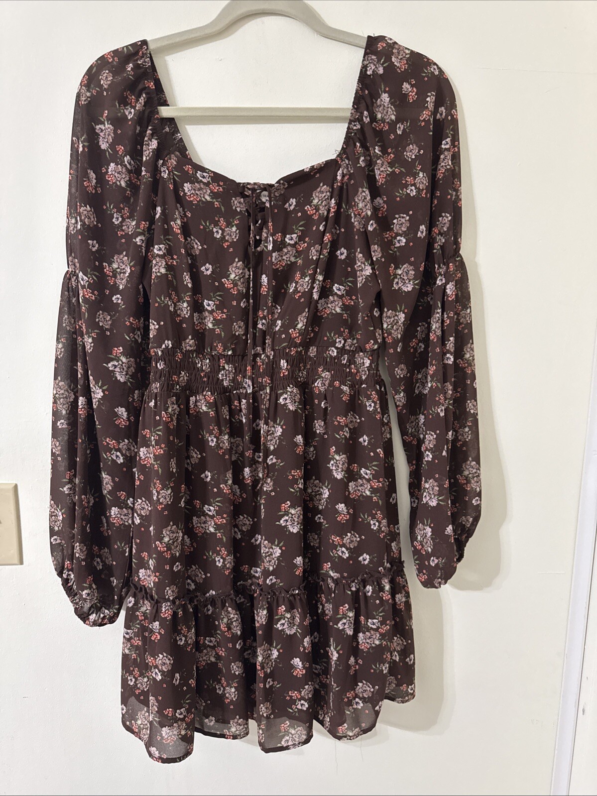 Live To Be Spoiled Long Sleeve Brown Floral Casual Dress Women's Size Large
