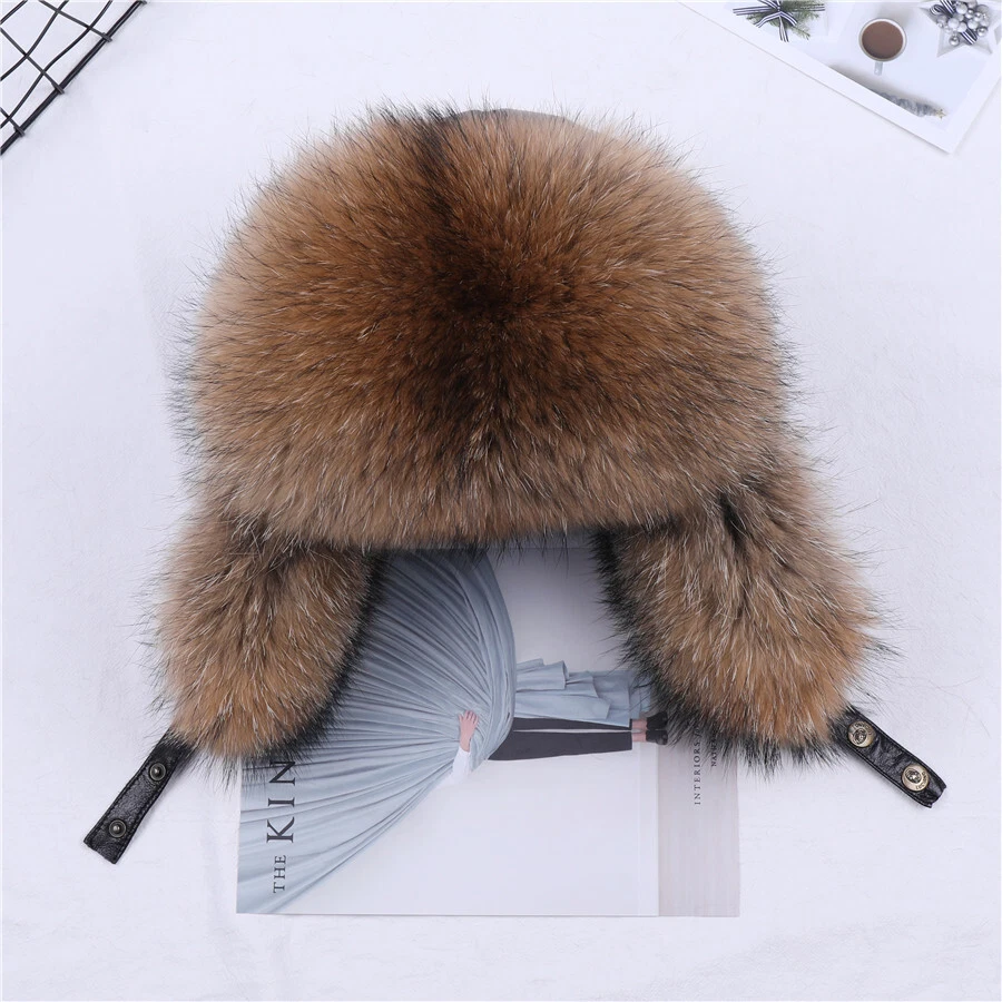 Invierno Para hombres 100% Piel de Mapache Real Plateado Zorro Bombardero Sombrero Ushanka Trapper Gorra de Esquí Foto 2 de 4